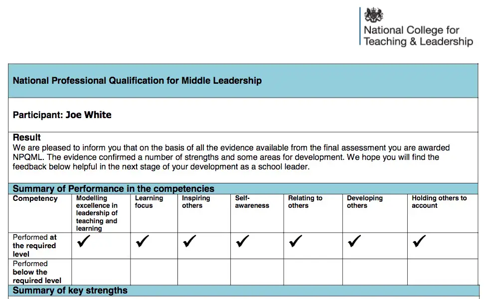 NPQML Result and certificate