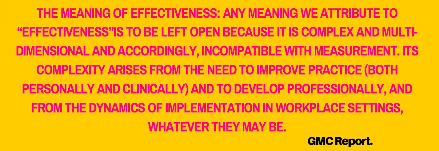 THE MEANING OF EFFECTIVENESS: ANY MEANING WE ATTRIBUTE TO
"EFFECTIVENESS"S TO BE LEFT OPEN BECAUSE IT IS COMPLEX AND MULTI-
DIMENSIONAL AND ACCORDINGLY, INCOMPATIBLE WITH MEASUREMENT. ITS
COMPLEXITY ARISES FROM THE NEED TO IMPROVE PRACTICE (BOTH
PERSONALLY AND CLINICALLY) AND TO DEVELOP PROFESSIONALLY, AND
FROM THE DYNAMICS OF IMPLEMENTATION IN WORKPLACE SETTINGS,
WHATEVER THEY MAY BE.
GMC Report.