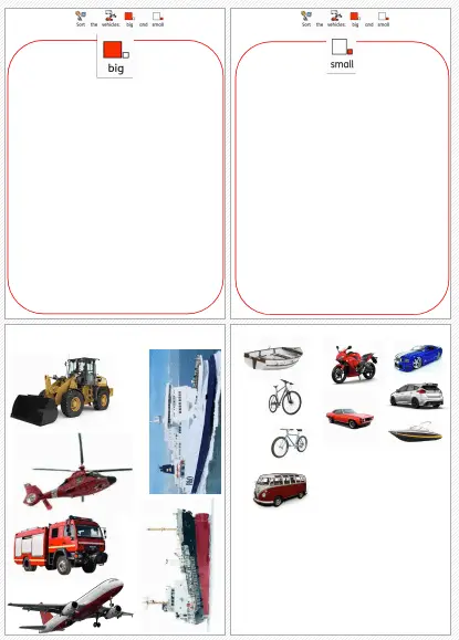 a variety of vehicles to sort worksheet