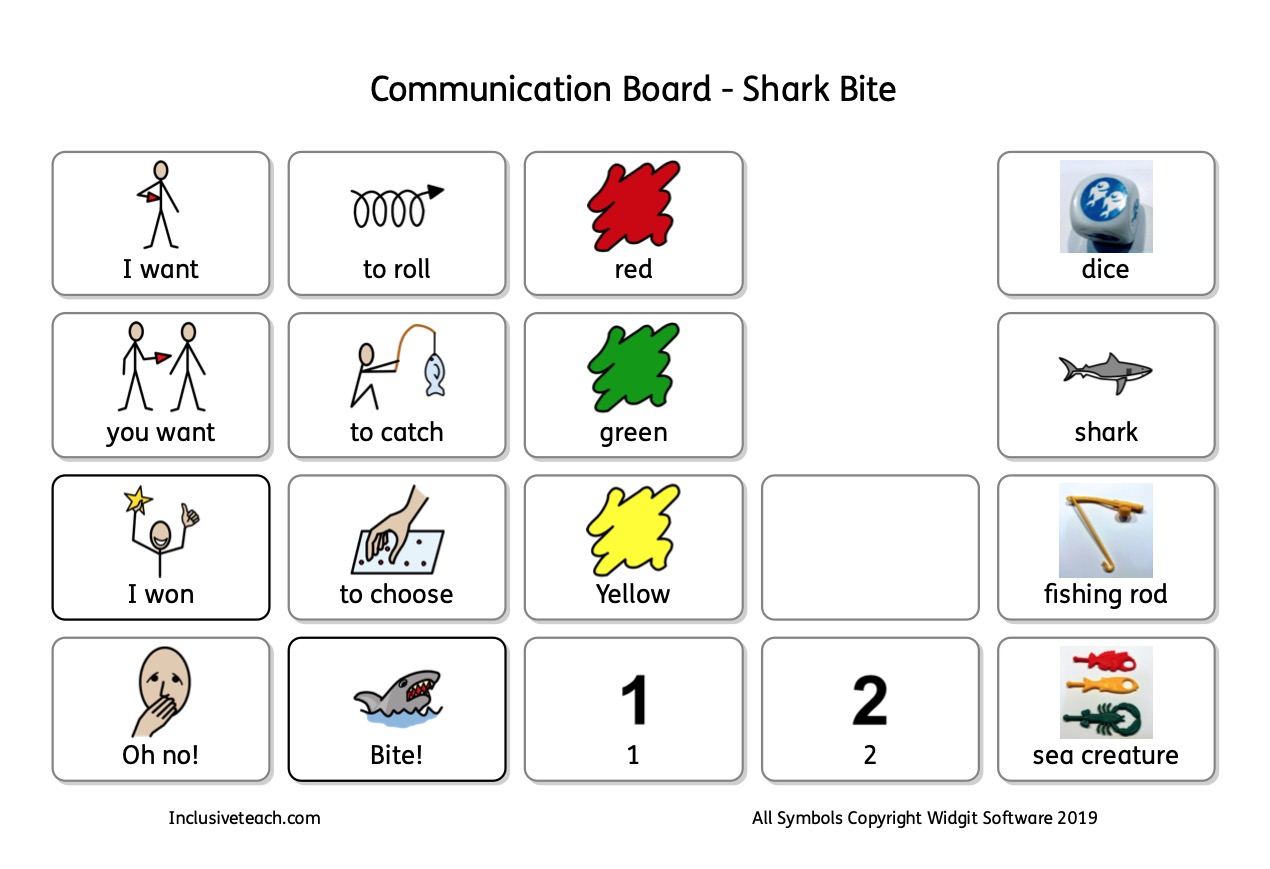 Shark bite aac game communication board symbols.