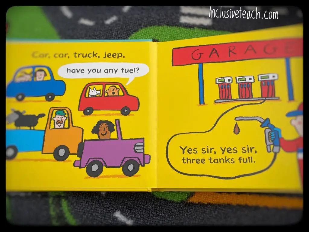 car, car, truck jeep transport book for young children 4 vehicles at a garage