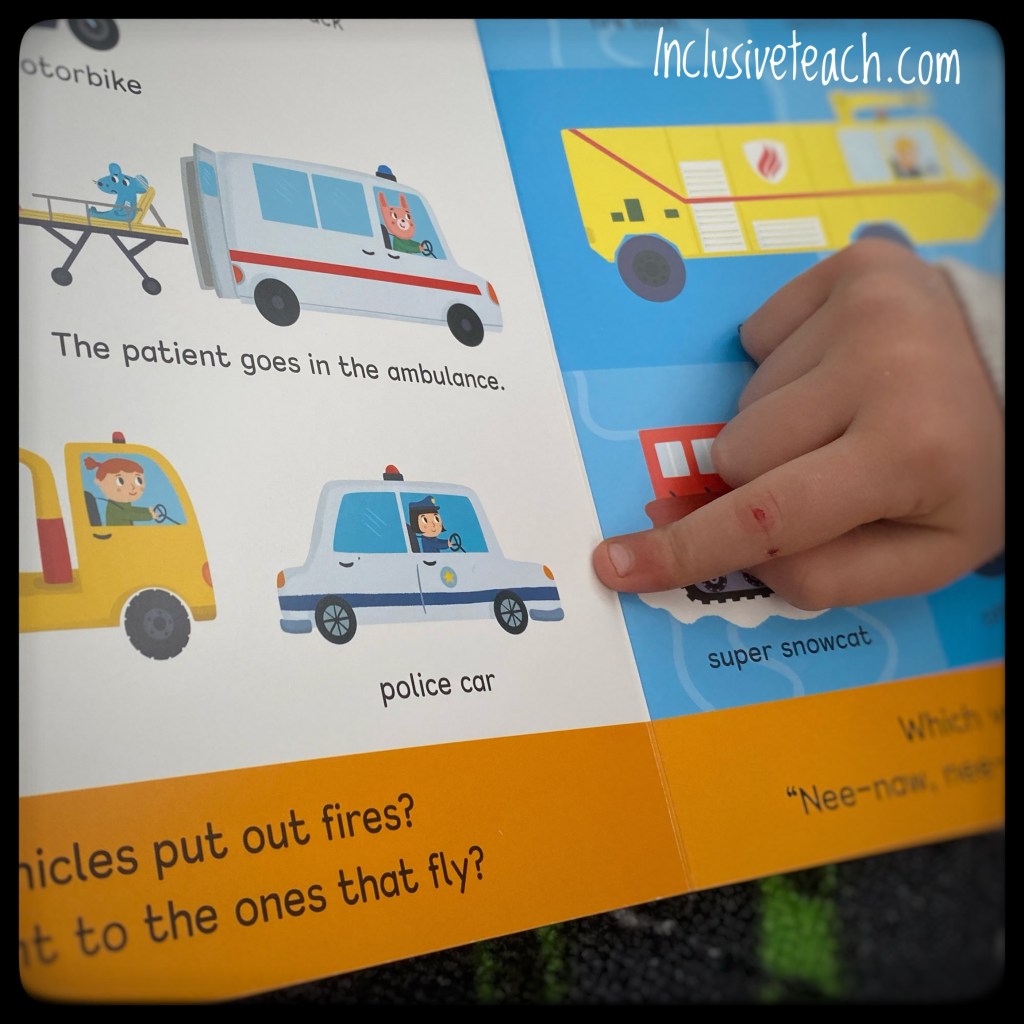 Different vehicles pointing in child’s book. Drawn illustrations of emergency vehicles