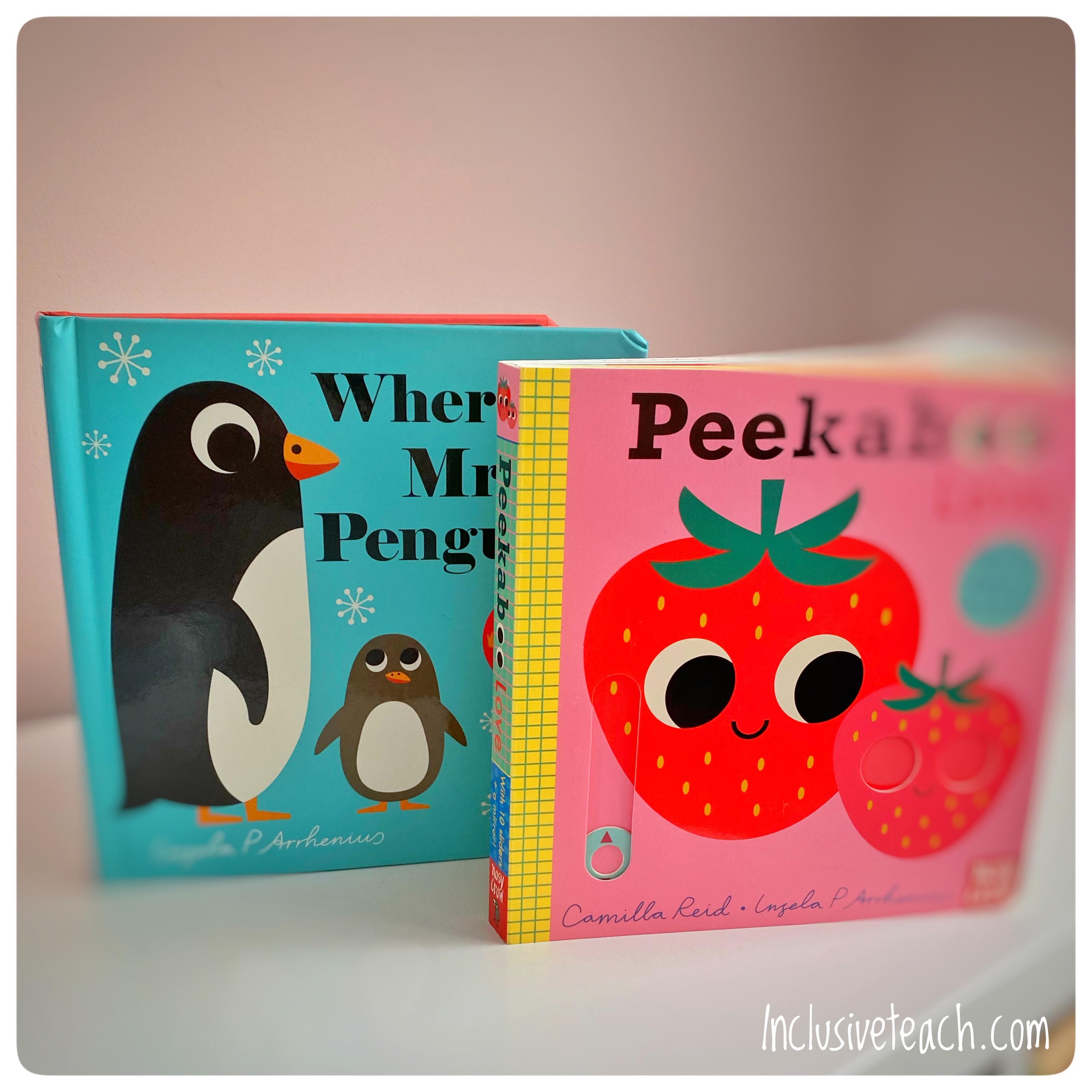 our favourite baby books 6-18m Wheres mr penguin and peekaboo love two books standing on a white shelf