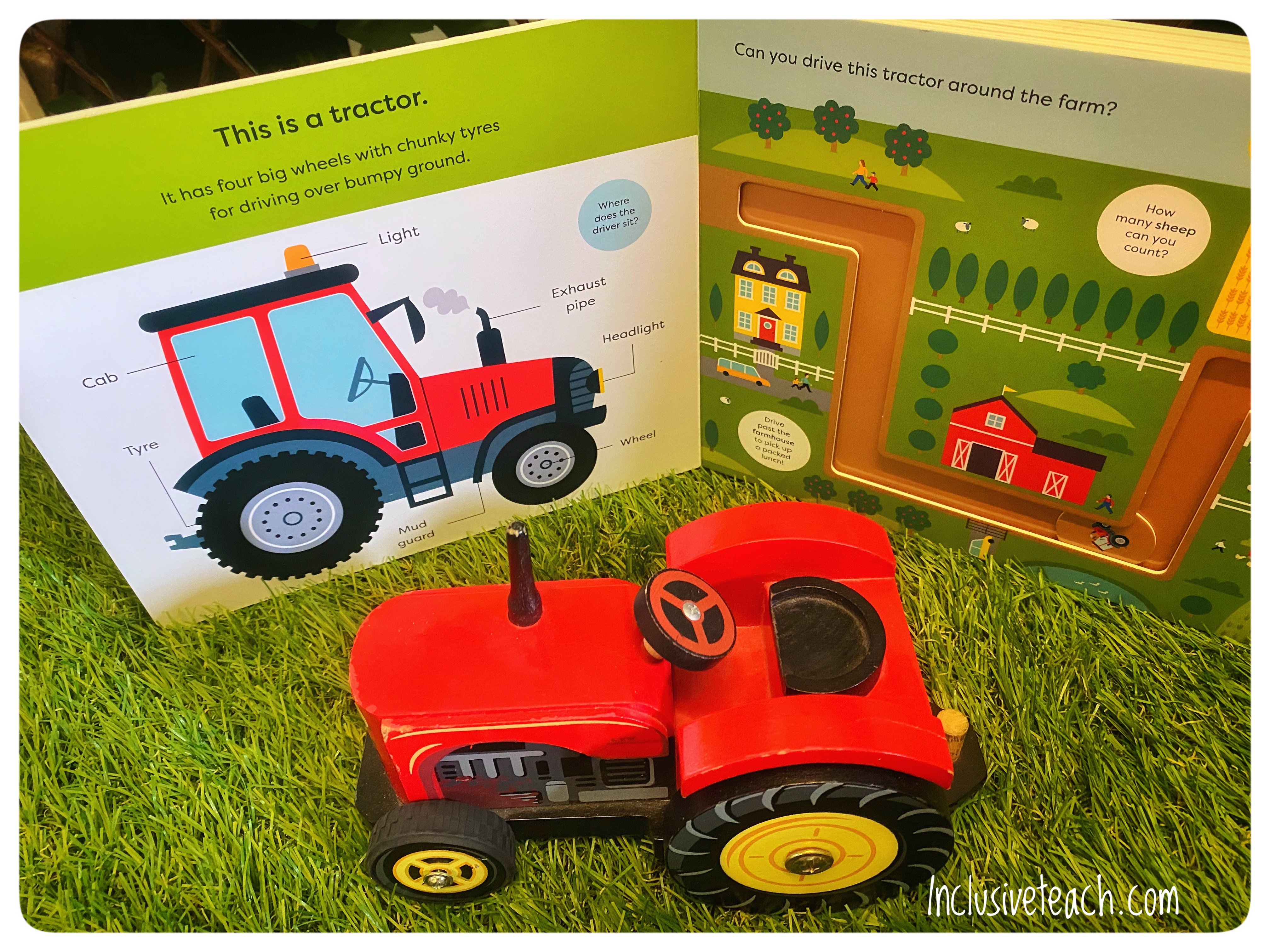 Make tracks book with toy tractor on astro turf. Open to red page this is a tractor
