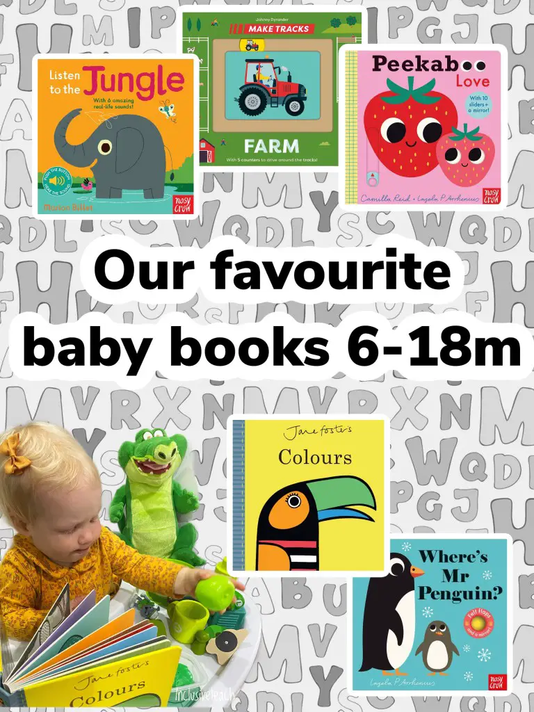 5 baby books covers with image of baby playing and reading with alphabet background. Text read our favourite baby books 6-18m