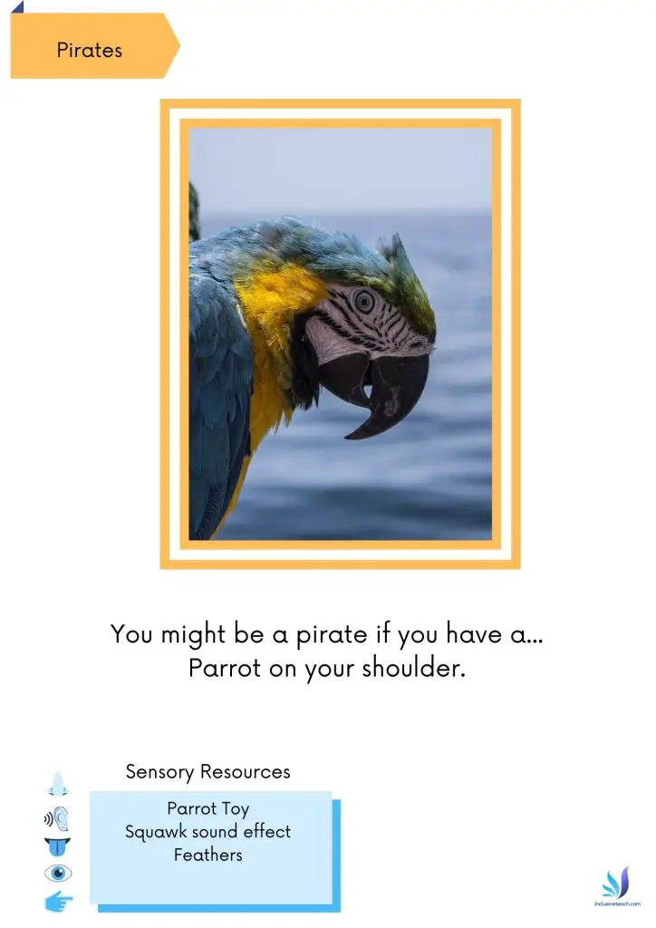 Page from pirate sensory story parrot text reads you might be a pirate if you have a parrot on your shoulder