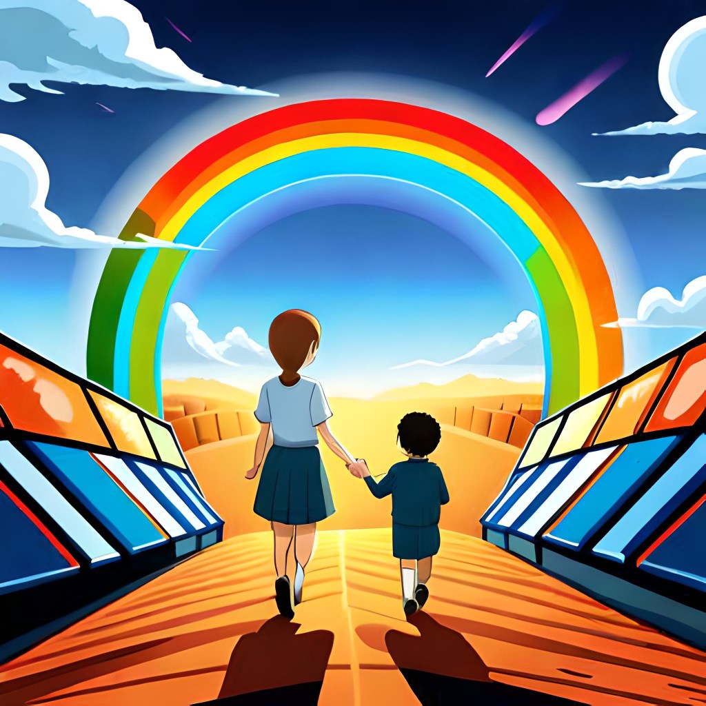 AI generated image of two people walking towards a rainbow. The image signifies co-regulation of emotions. 