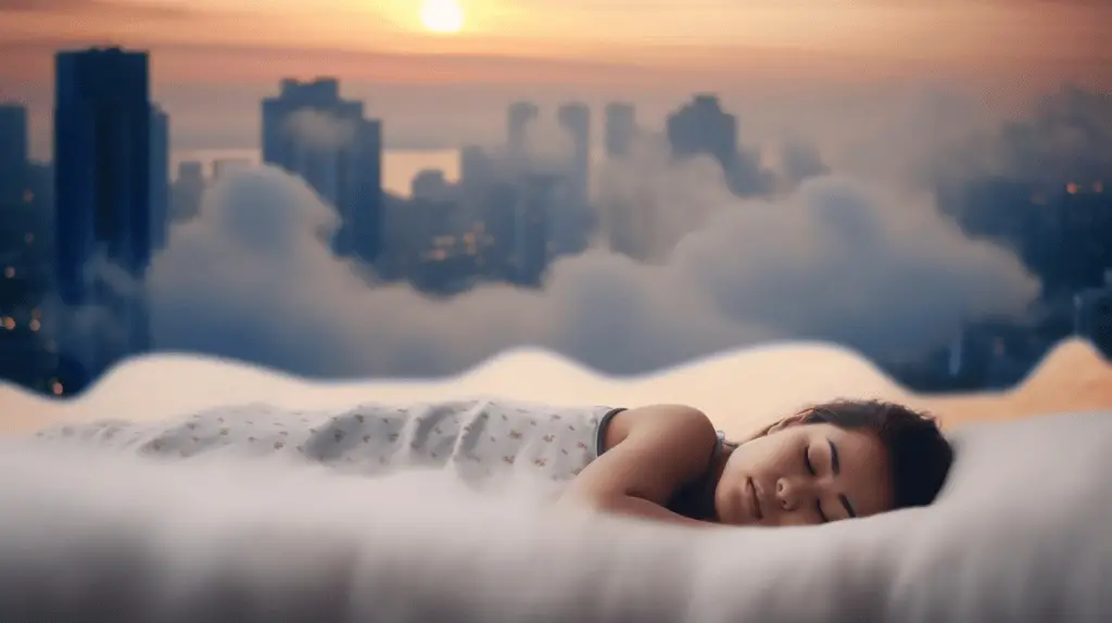 Weighted blanket ADHD child sleeping on a cloud over the city