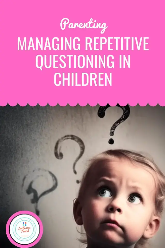Managing Repetitive Questioning in Children Pinterest Image. Blonde child with question marks on the wall behind their head