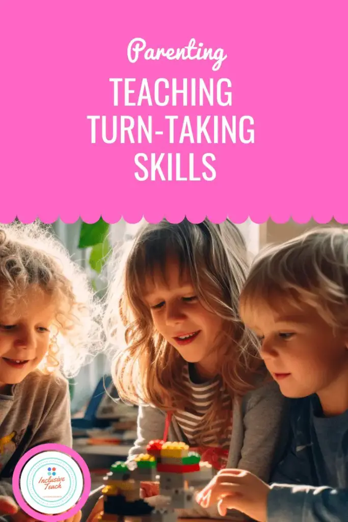 Teaching Turn Taking skills to Autistic Children. Group of three blonde children sharing lego
