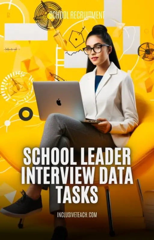 School Leadership Headteacher Interview data tasks. Woman with laptop yellow background