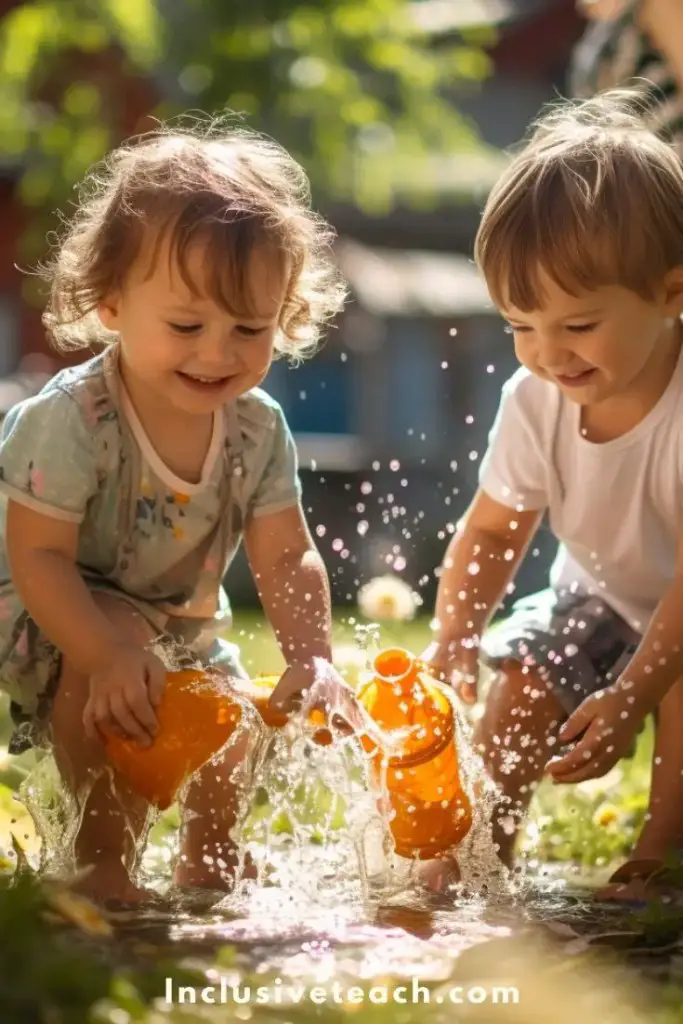 Water play for all ages photo of two children splashing and pouring in a lesson