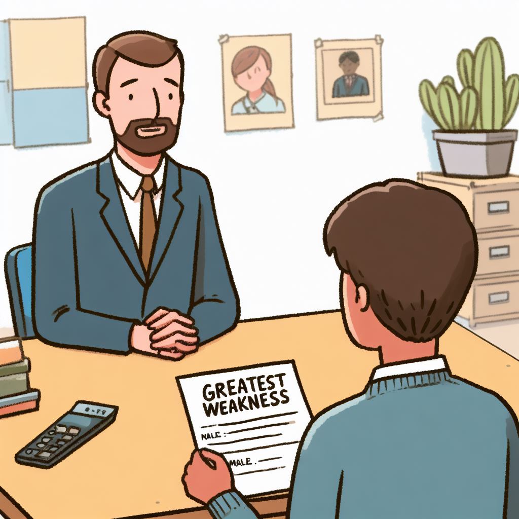 Teacher Interview: What is your Greatest Weakness? Cartoon Job Recruitment two men in suits talking.