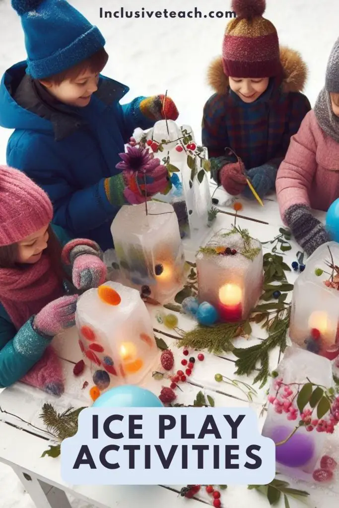 An Ice Play Activity Making Ice Lanterns and Decorating. Children playing outside in winter